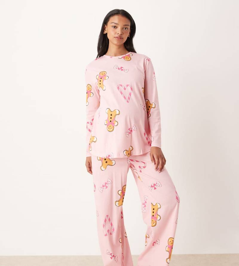 ASOS DESIGN Maternity - Pyjama in meliertem Rosa mit Lebkuchen-Zuckerstangen-Muster, aus langärmligem Oberteil und Hose-Lila von ASOS Maternity
