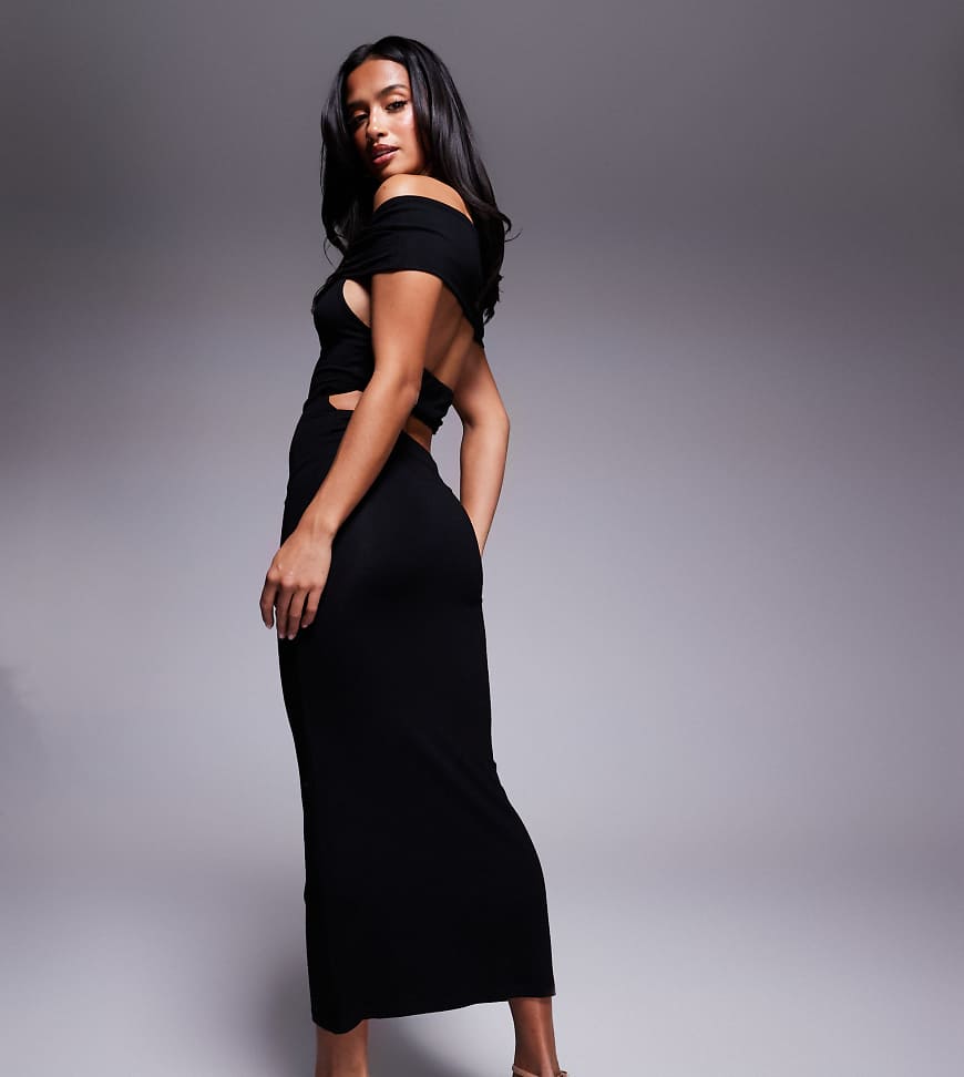 ASOS DESIGN Petite - Bardot-Midikleid in Schwarz mit Riemchen auf der Rückseite von ASOS Petite