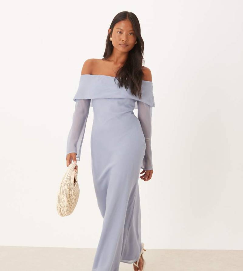 ASOS DESIGN Petite - Bardot-Midikleid in Staubblau mit Umschlag-Bunt von ASOS Petite