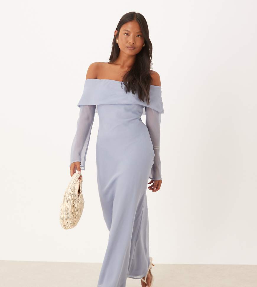ASOS DESIGN Petite - Bardot-Midikleid in Staubblau mit Umschlag-Bunt von ASOS Petite
