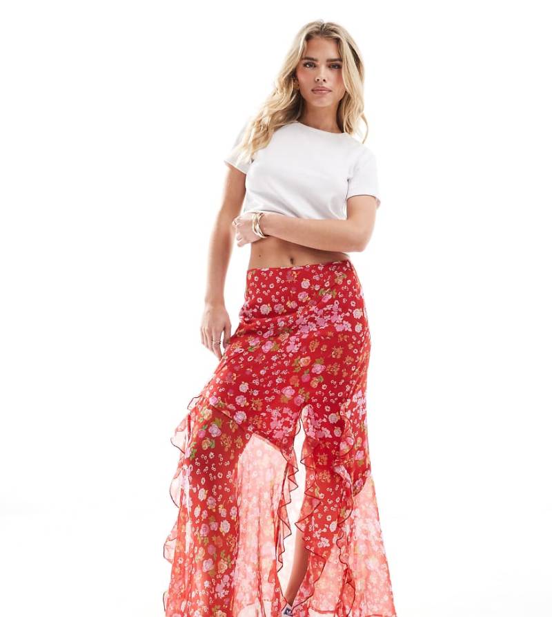 ASOS DESIGN Petite - Chiffon-Maxirock mit Blumenprint und Rüschen-Bunt von ASOS Petite