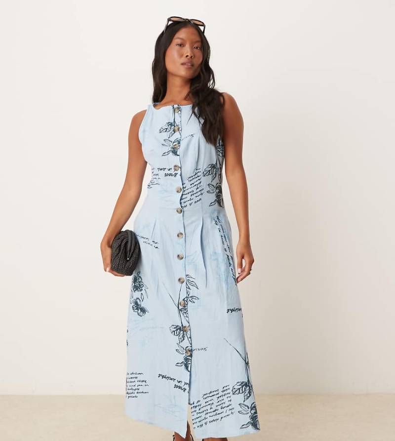ASOS DESIGN Petite - Durchgeknöpftes Midikleid in Blau mit Westen-Design, U-Boot-Ausschnitt und Blumenmuster-Bunt von ASOS Petite