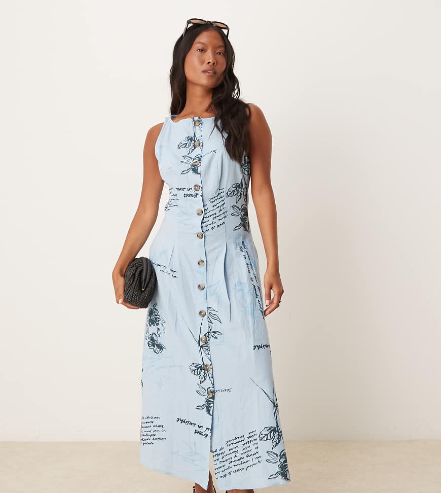 ASOS DESIGN Petite - Durchgeknöpftes Midikleid in Blau mit Westen-Design, U-Boot-Ausschnitt und Blumenmuster-Bunt ASOS DESIGN Petite - Durchgeknöpftes Midikleid in Blau mit Westen-Design, U-Boot-Ausschnitt und Blumenmuster-Bunt von ASOS Petite