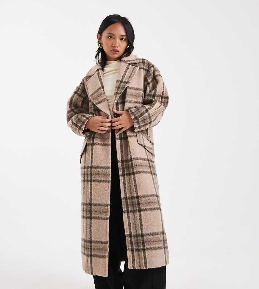 ASOS DESIGN Petite - Formeller Mantel zum Überziehen aus angerautem Material in Steinbeige kariert-Bunt von ASOS Petite