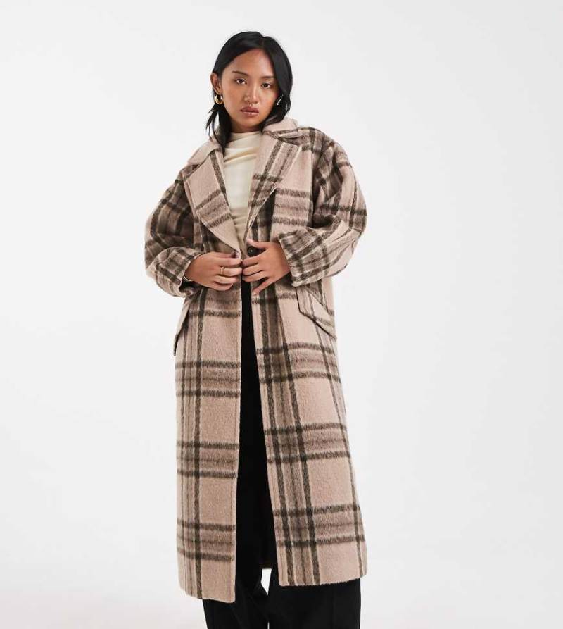 ASOS DESIGN Petite - Formeller Mantel zum Überziehen aus angerautem Material in Steinbeige kariert-Bunt von ASOS Petite