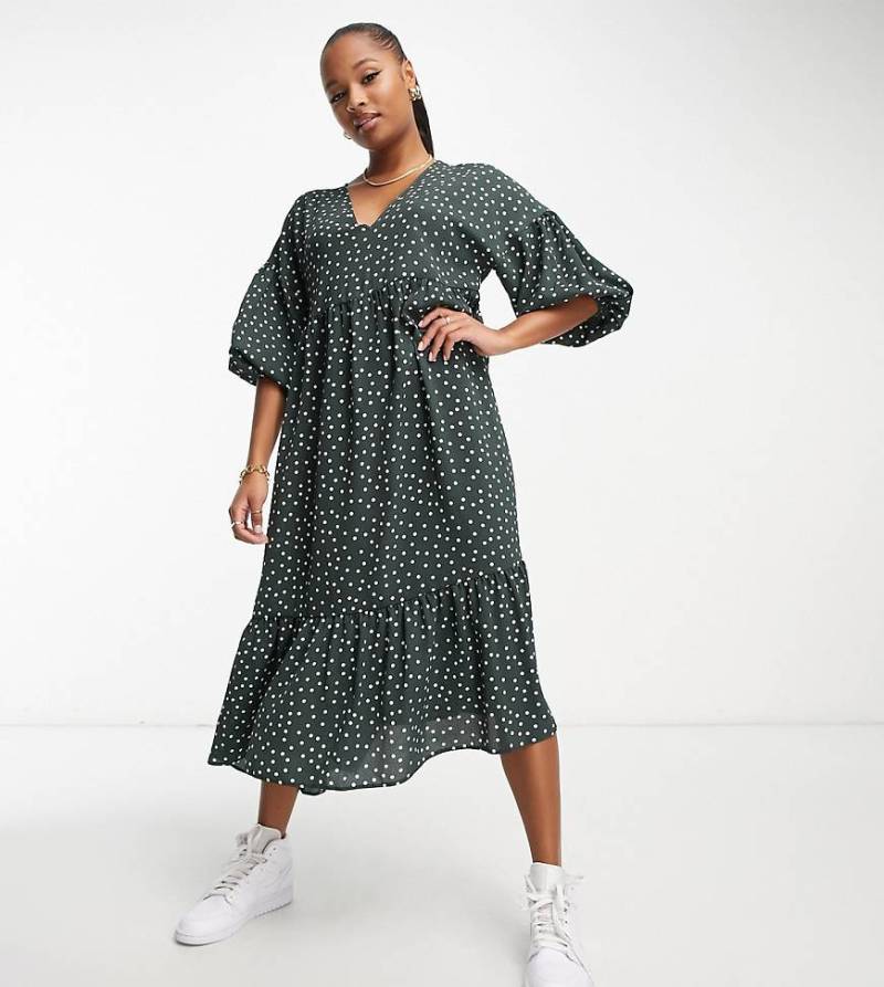 ASOS DESIGN Petite - Hänger-Midikleid zum Reinschlüpfen in Flaschengrün mit Punktemuster-Bunt von ASOS Petite