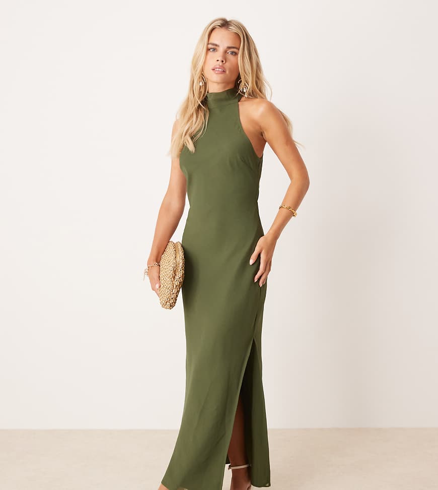 ASOS DESIGN Petite - Hochgeschlossenes Midikleid aus Chiffon in Olivgrün von ASOS Petite