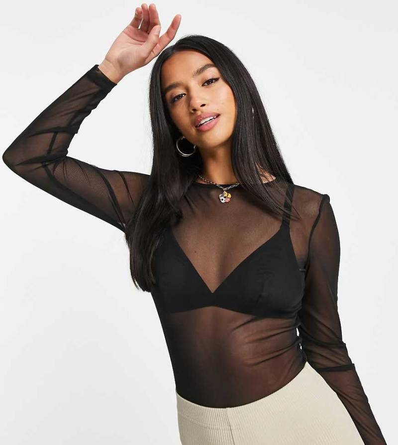 ASOS DESIGN Petite - Langärmliger Body aus Netzstoff in Schwarz von ASOS Petite