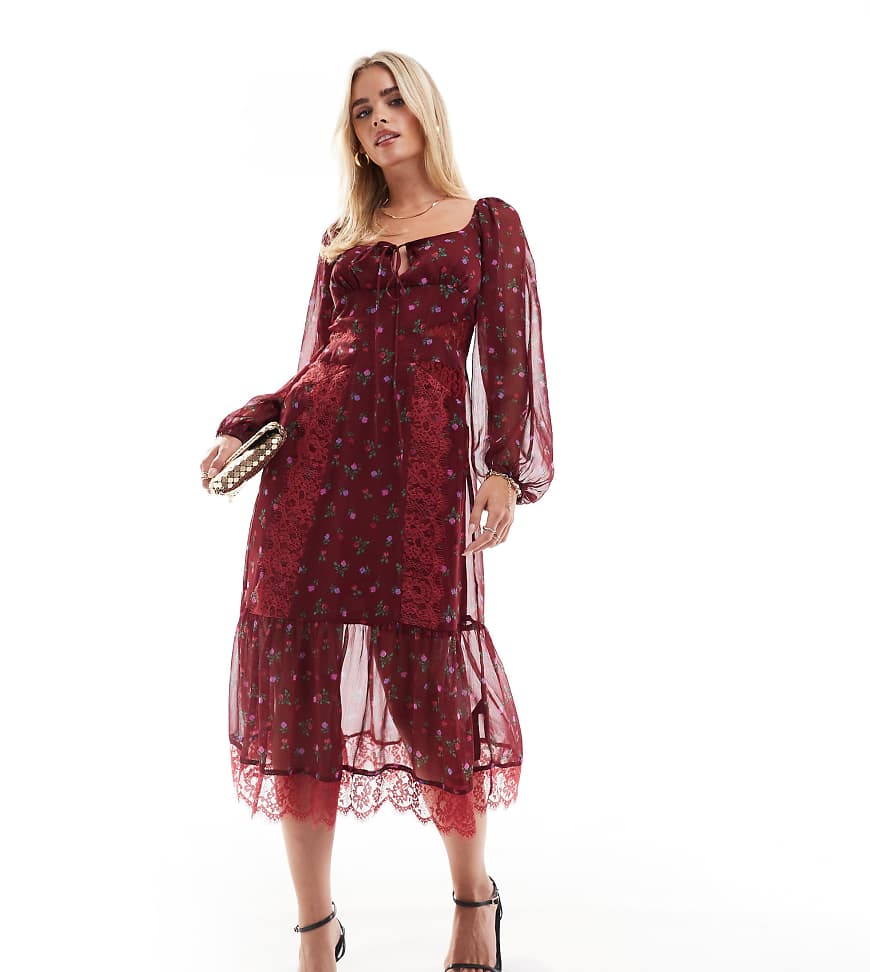 ASOS DESIGN Petite - Langärmliges, vorne gebundenes Midikleid in Burgunderrot mit Blümchenprint und Spitzeneinsätzen ASOS DESIGN Petite - Langärmliges, vorne gebundenes Midikleid in Burgunderrot mit Blümchenprint und Spitzeneinsätzen von ASOS Petite