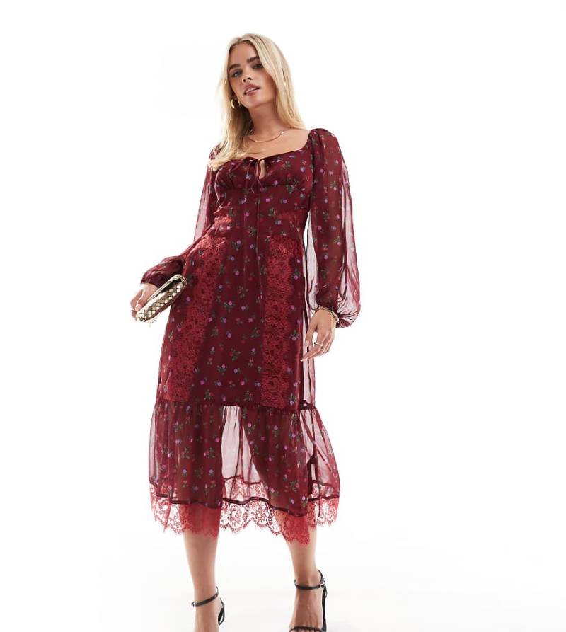 ASOS DESIGN Petite - Langärmliges, vorne gebundenes Midikleid in Burgunderrot mit Blümchenprint und Spitzeneinsätzen von ASOS Petite