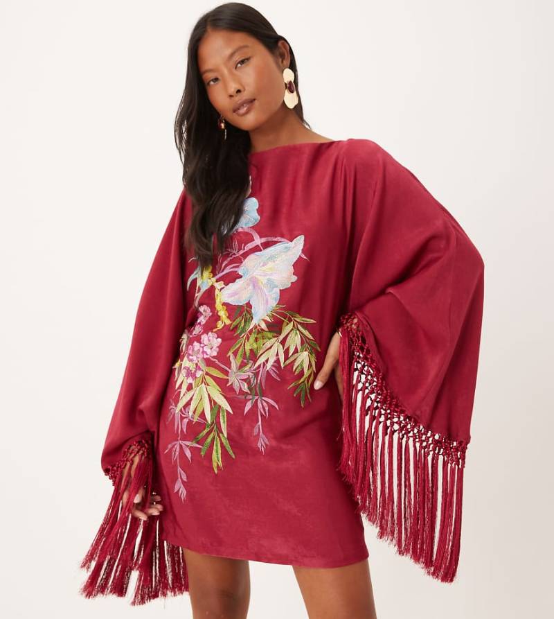 ASOS DESIGN Petite - Langärmliges Minikleid in Pink mit Blumenstickerei und Fransen-Rosa von ASOS Petite