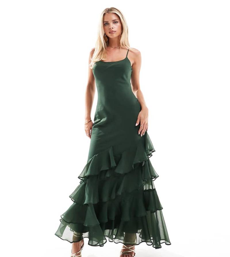 ASOS DESIGN Petite - Maxikleid in Tannengrün mit U-Ausschnitt, Bias-Cut und Rüschensaum von ASOS Petite