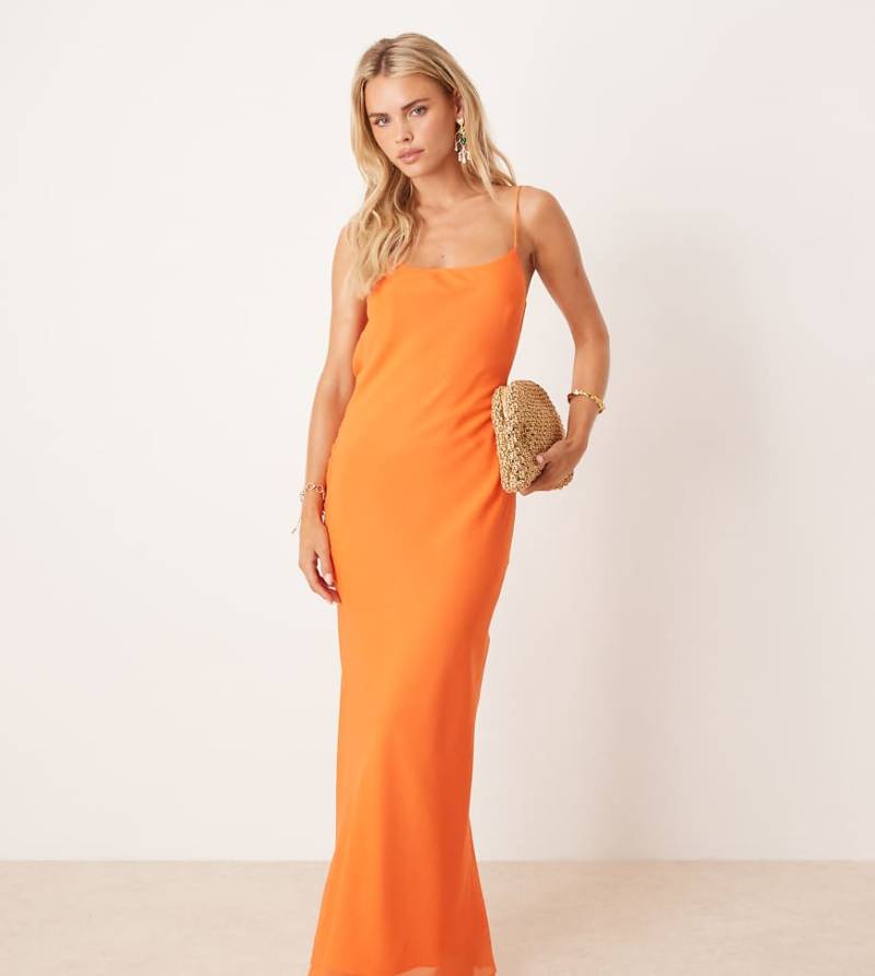 ASOS DESIGN Petite - Midi-Schlupfkleid in leuchtendem Orange mit Trägern und Wasserfall-Rückenausschnitt von ASOS Petite