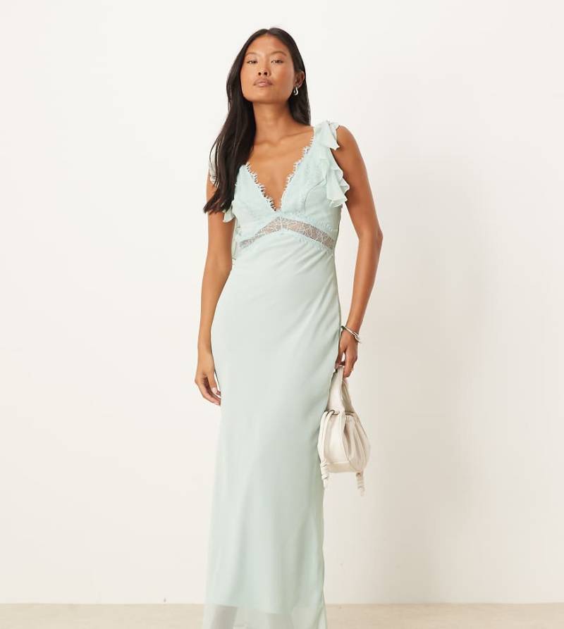 ASOS DESIGN Petite - Midi-Trägerkleid aus Chiffon in Hellblau mit Spitzeneinsätzen-Grün von ASOS Petite