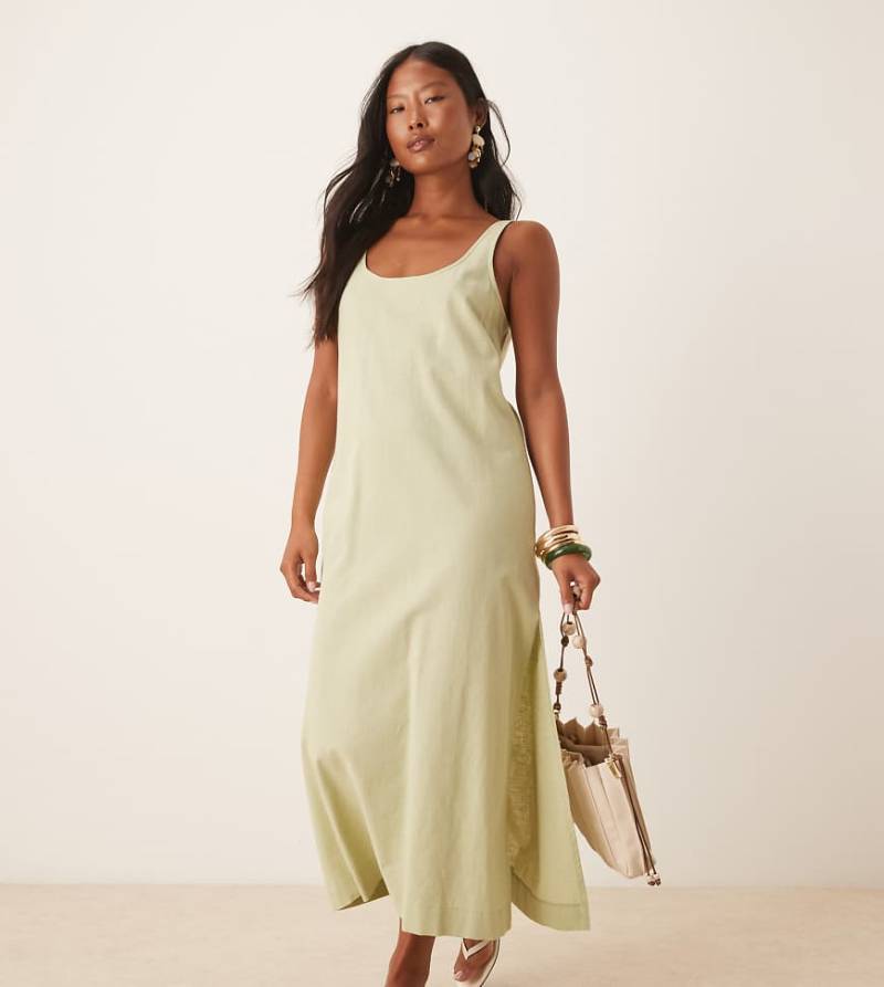 ASOS DESIGN Petite - Midikleid aus Baumwollleinen in Salbeigrün mit U-Ausschnitt von ASOS Petite