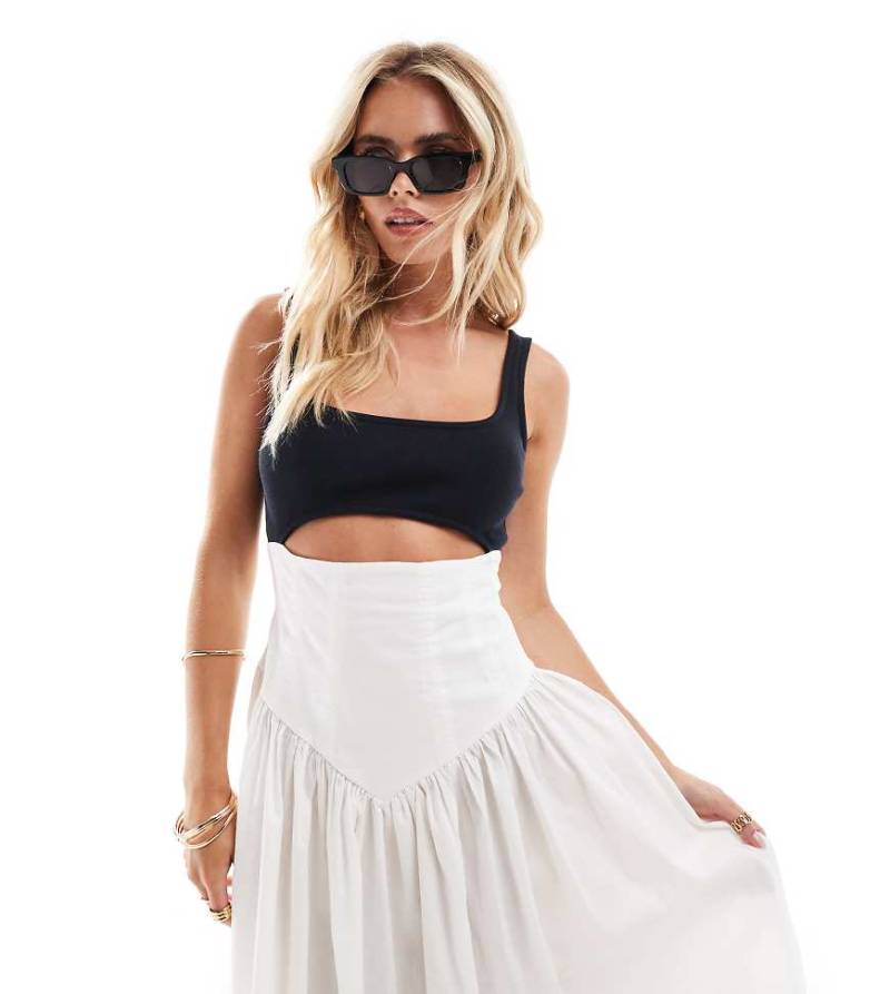 ASOS DESIGN Petite - Midikleid in Cremeweiß und Schwarz mit Korsett-Taille und Jersey-Oberteil-Bunt von ASOS Petite