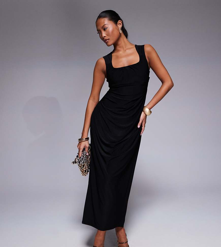 ASOS DESIGN Petite - Midikleid in Schwarz mit geformtem Ausschnitt, breiten Trägern und drapiertem Rockteil ASOS DESIGN Petite - Midikleid in Schwarz mit geformtem Ausschnitt, breiten Trägern und drapiertem Rockteil von ASOS Petite