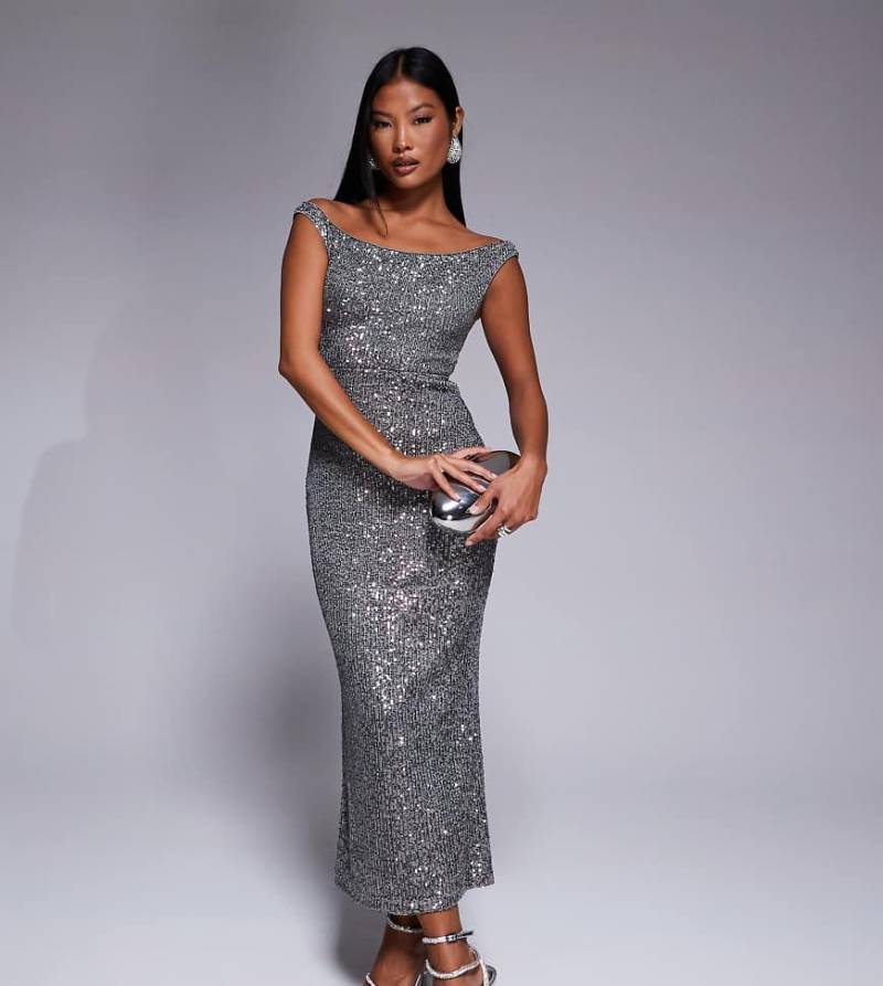 ASOS DESIGN Petite - Midikleid in Silber mit Pailletten und tiefem Carmen-U-Ausschnitt von ASOS Petite