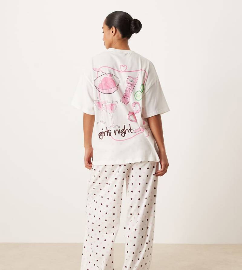 ASOS DESIGN Petite - Pyjama mit Oversize-T-Shirt mit „Girls Night"-Motivprint und weit geschnittener Hose-Bunt von ASOS Petite