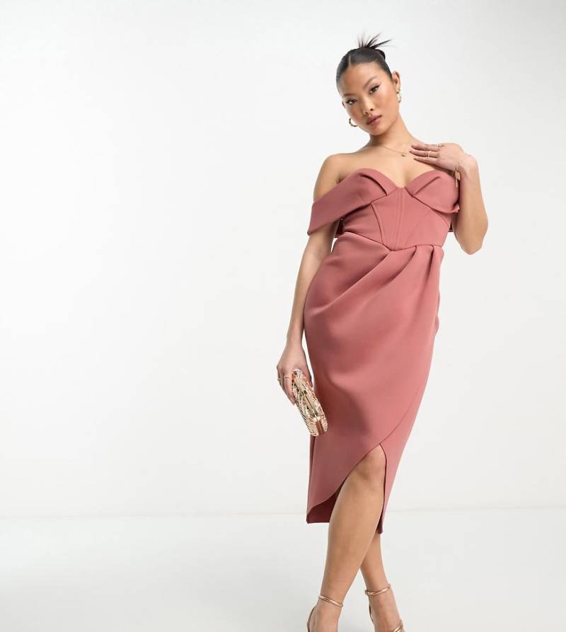 ASOS DESIGN Petite - Schulterfreies Korsett-Midikleid in Rosé mit Wickelrock-Rosa von ASOS Petite
