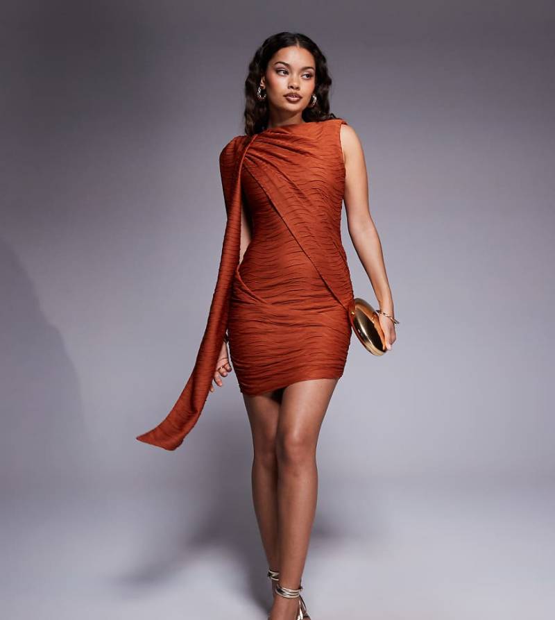 ASOS DESIGN Petite - Strukturiertes Minikleid in Orange mit U-Boot-Ausschnitt, drapiertem Schärpendetail von ASOS Petite
