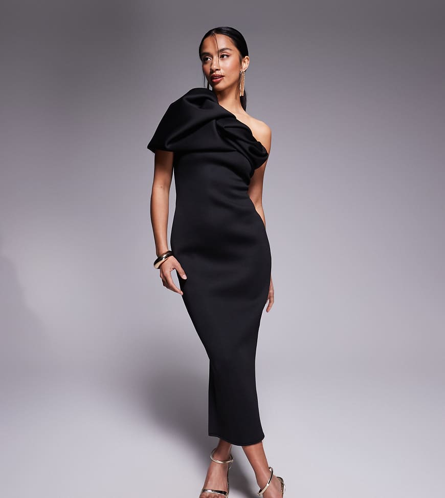 ASOS DESIGN Petite - Trägerloses strukturiertes Midikleid aus neoprenartigem Material in Schwarz mit Puffärmeln von ASOS Petite