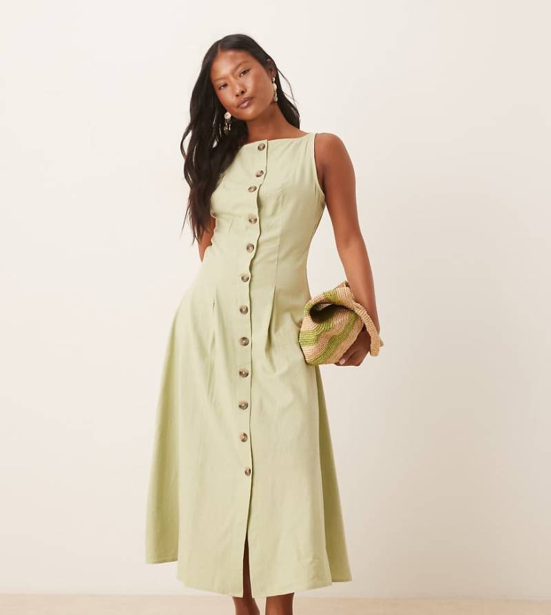 ASOS DESIGN Petite - Westenkleid in Midilänge in Salbeigrün mit Knopfleiste und U-Boot-Ausschnitt von ASOS Petite