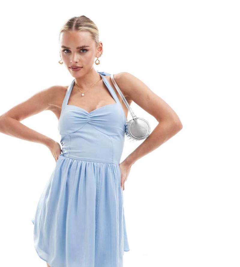 ASOS Design Petite - Skater-Minikleid in Blau mit Bustierdetail und Bindebändern von ASOS Petite