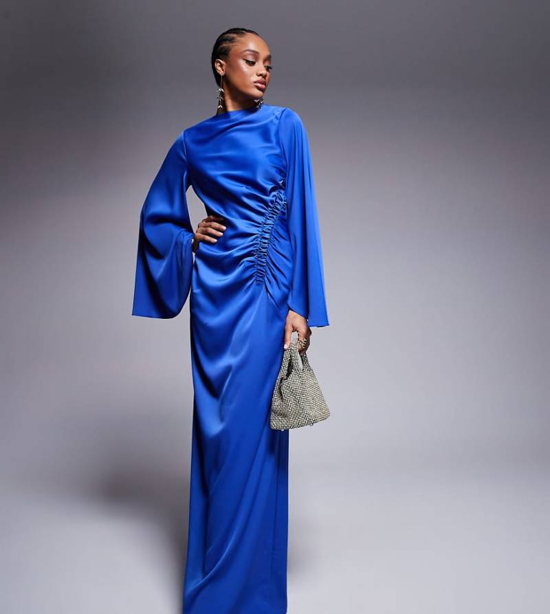 ASOS DESIGN - Fließendes Maxikleid in Kobaltblau mit markanten Ärmeln und geraffter Taille von ASOS Tall