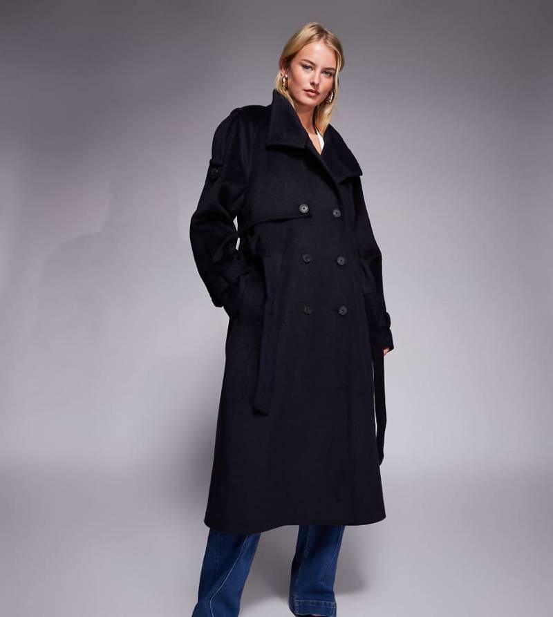 ASOS DESIGN Tall - Angerauter Longline-Trenchcoat in Marineblau mit Stehkragen-Neutral von ASOS Tall
