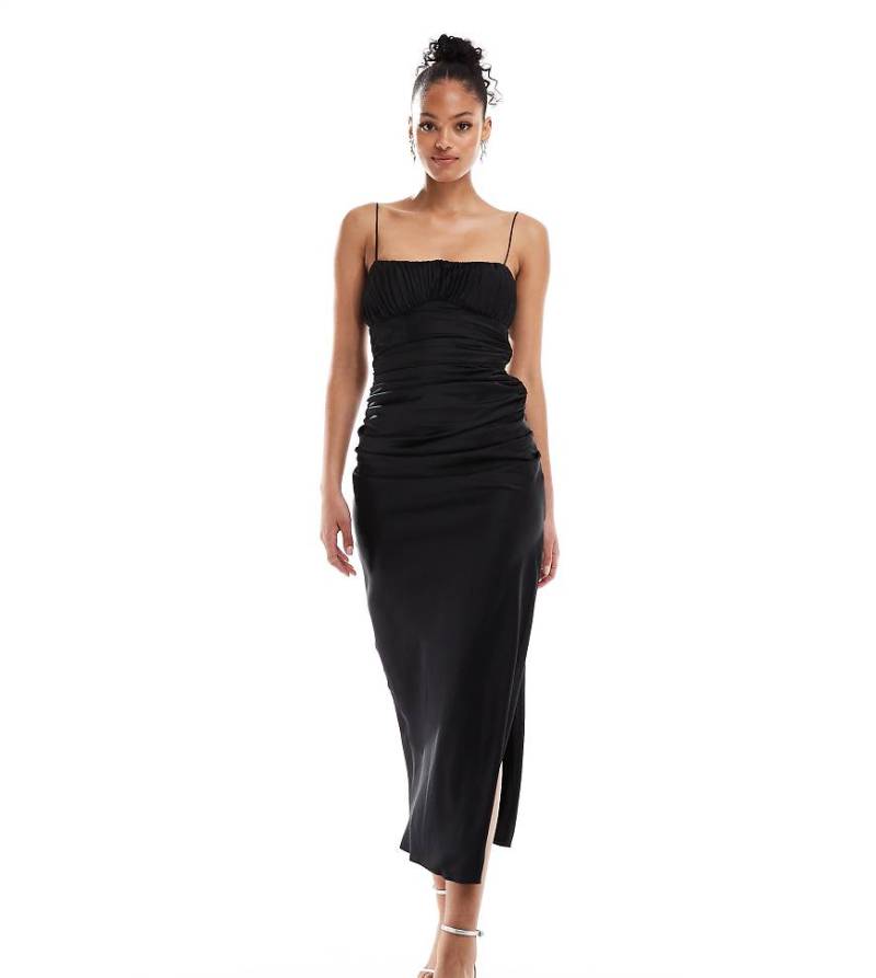 ASOS DESIGN Tall - Camisole-Midikleid aus Satin in Schwarz mit geraffter Brustpartie von ASOS Tall