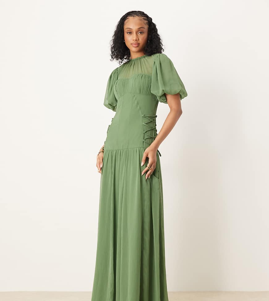 ASOS DESIGN Tall - Chiffon-Midaxikleid in Grün mit Puffärmeln von ASOS Tall