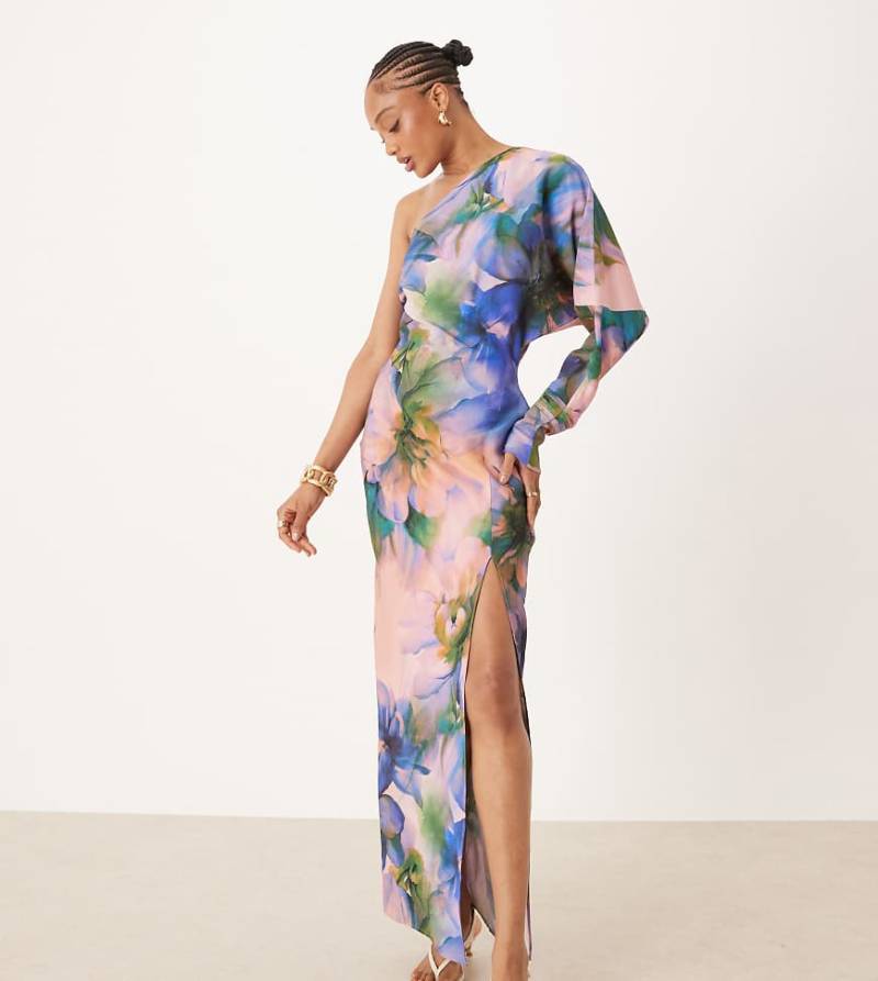 ASOS DESIGN Tall - Drapiertes Midaxikleid mit Blumenmuster in Dunkelgrün und One-Shoulder-Träger von ASOS Tall