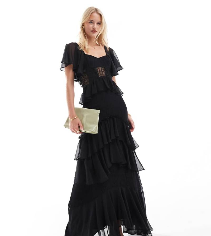 ASOS DESIGN Tall - Gestuftes Midikleid in Schwarz mit Flatterärmeln und Spitzeneinsatz von ASOS Tall