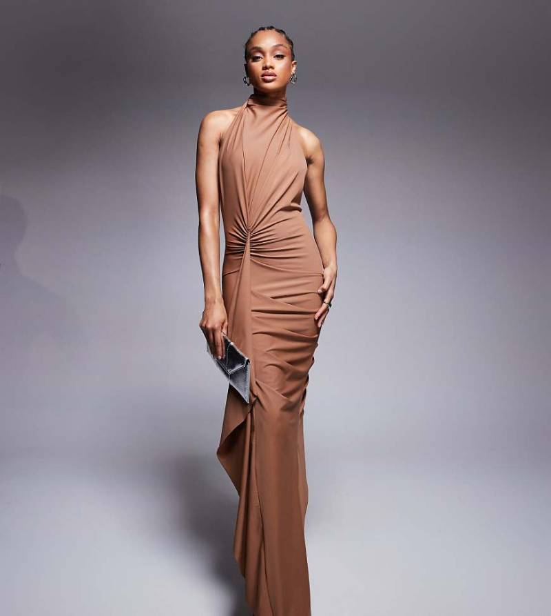 ASOS DESIGN Tall - Hochgeschlossenes, drapiertes Maxikleid in Schokobraun aus Jersey mit Rüschen von ASOS Tall