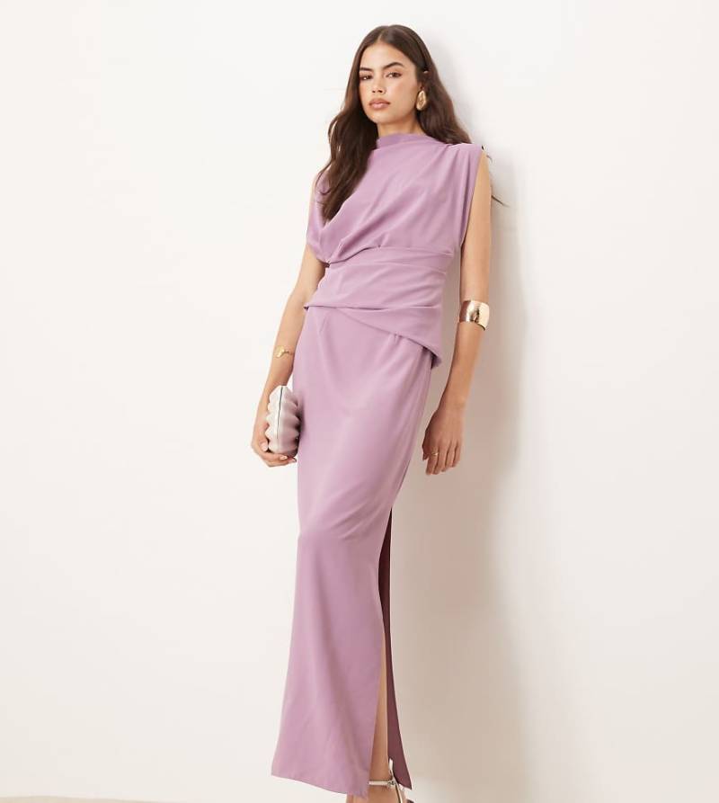 ASOS DESIGN Tall - Hochgeschlossenes, drapiertes Midikleid in Traubenlila mit Falten von ASOS Tall