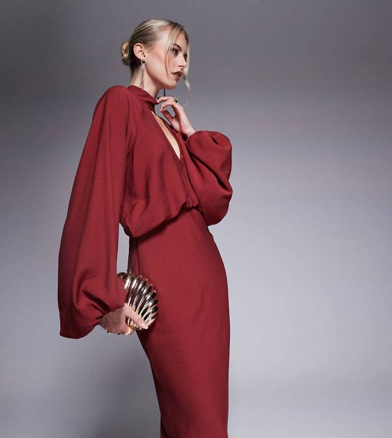 ASOS DESIGN Tall - Hochgeschlossenes Maxikleid in Braun mit tiefem Ausschnitt und Blousonärmeln von ASOS Tall