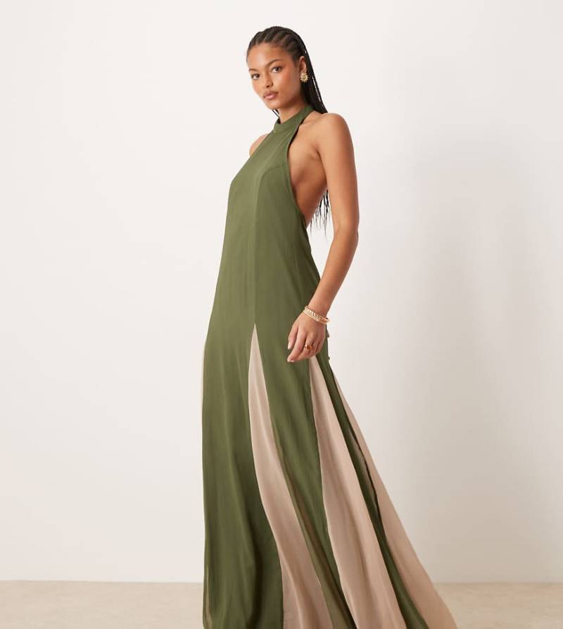 ASOS DESIGN Tall - Hochgeschlossenes Maxikleid in Dunkelgrün aus Chiffon mit kontrastierendem Godet-Rockteil von ASOS Tall
