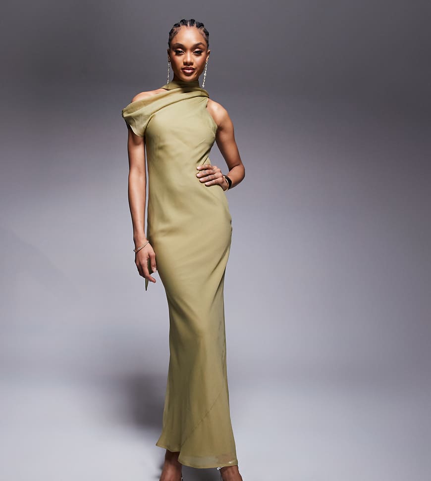 ASOS DESIGN Tall - Hochgeschlossenes Maxikleid in Olivgrün mit Schal-Detail von ASOS Tall