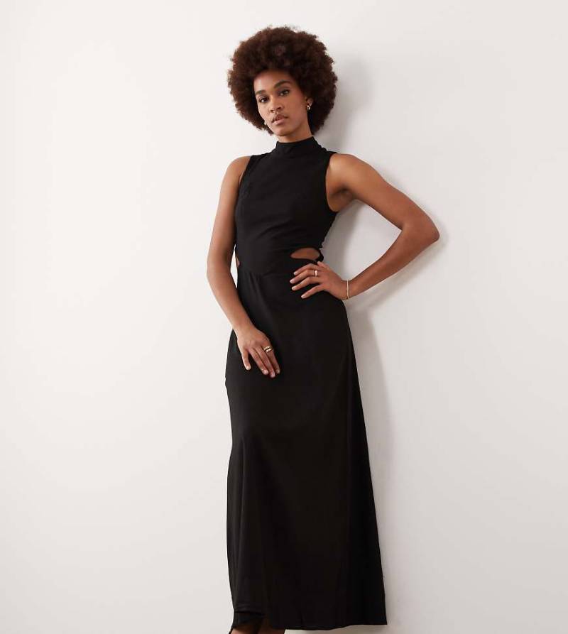 ASOS DESIGN Tall - Hochgeschlossenes Midaxi-Kleid in schwarzer Leinenoptik mit Zierausschnitt in der Taille von ASOS Tall