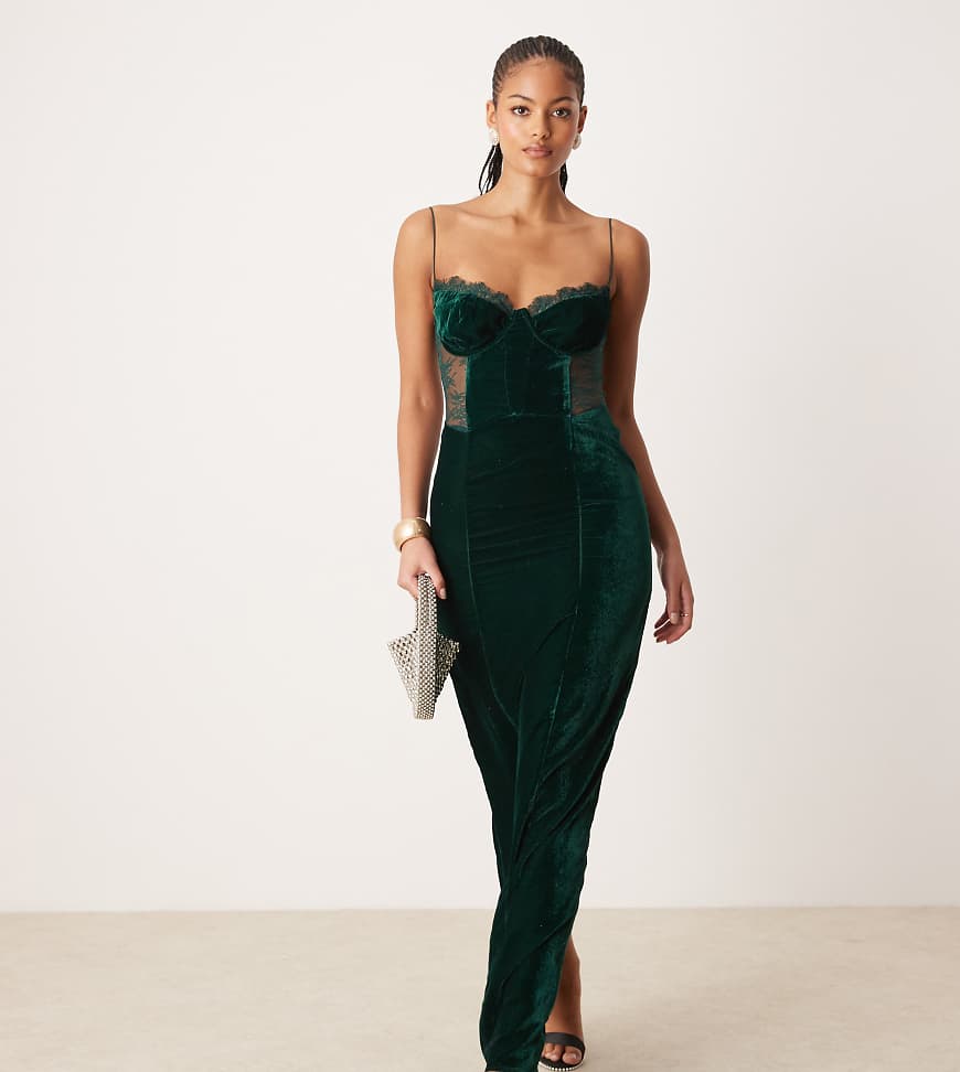 ASOS DESIGN Tall - Korsett-Midikleid aus Samt in intensivem Blaugrün mit Spitzeneinsatz von ASOS Tall
