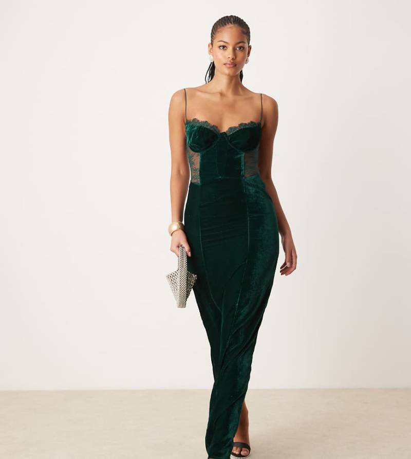 ASOS DESIGN Tall - Korsett-Midikleid aus Samt in intensivem Blaugrün mit Spitzeneinsatz ASOS DESIGN Tall - Korsett-Midikleid aus Samt in intensivem Blaugrün mit Spitzeneinsatz von ASOS Tall