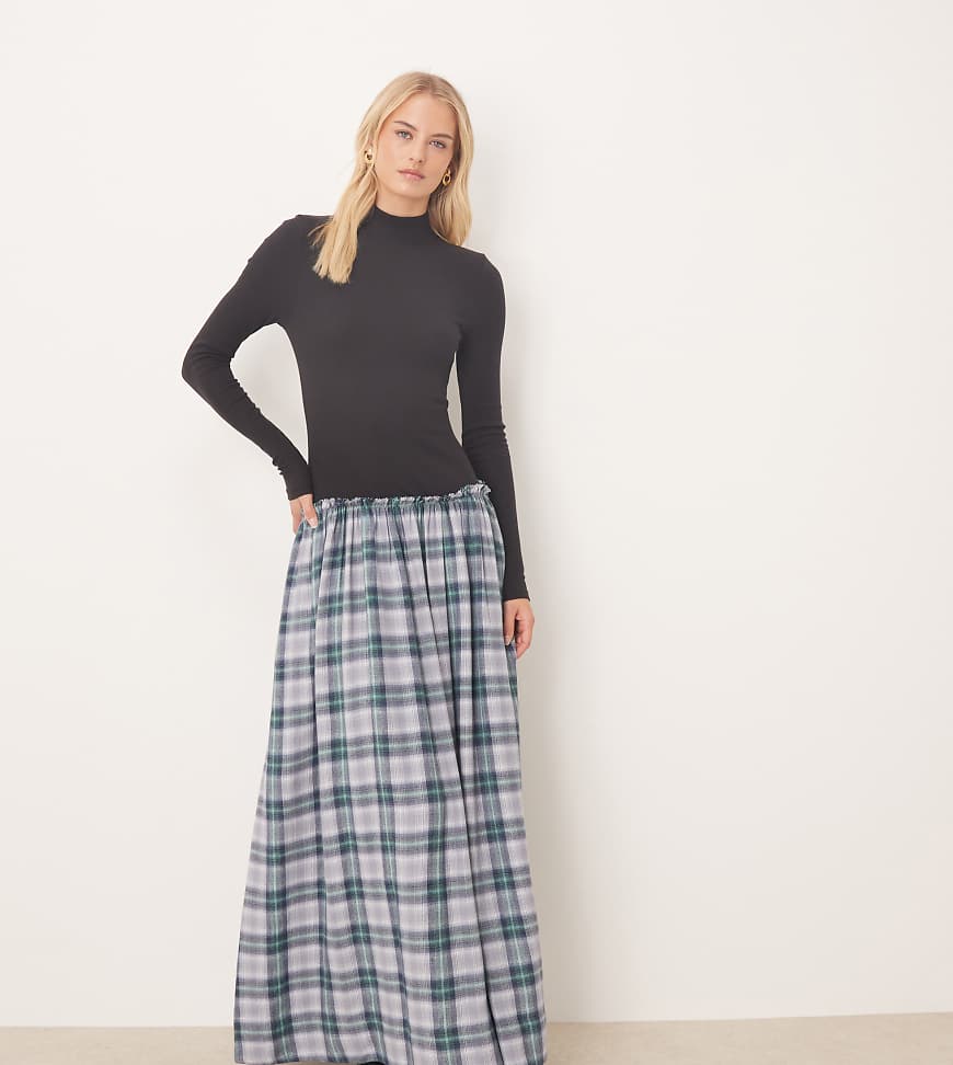 ASOS DESIGN Tall - Langärmliges, hochgeschlossenes Hybrid-Maxikleid in Blau kariert-Bunt von ASOS Tall