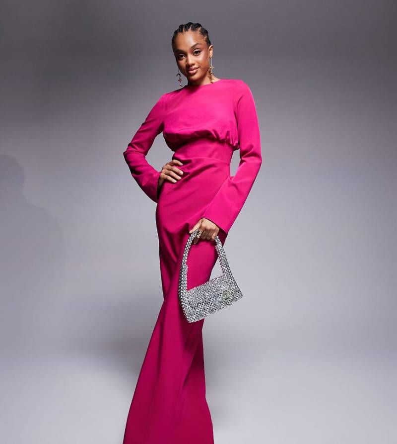 ASOS DESIGN Tall - Langärmliges Maxikleid in Rosa mit Struktur und gerafftem Dekolleté von ASOS Tall
