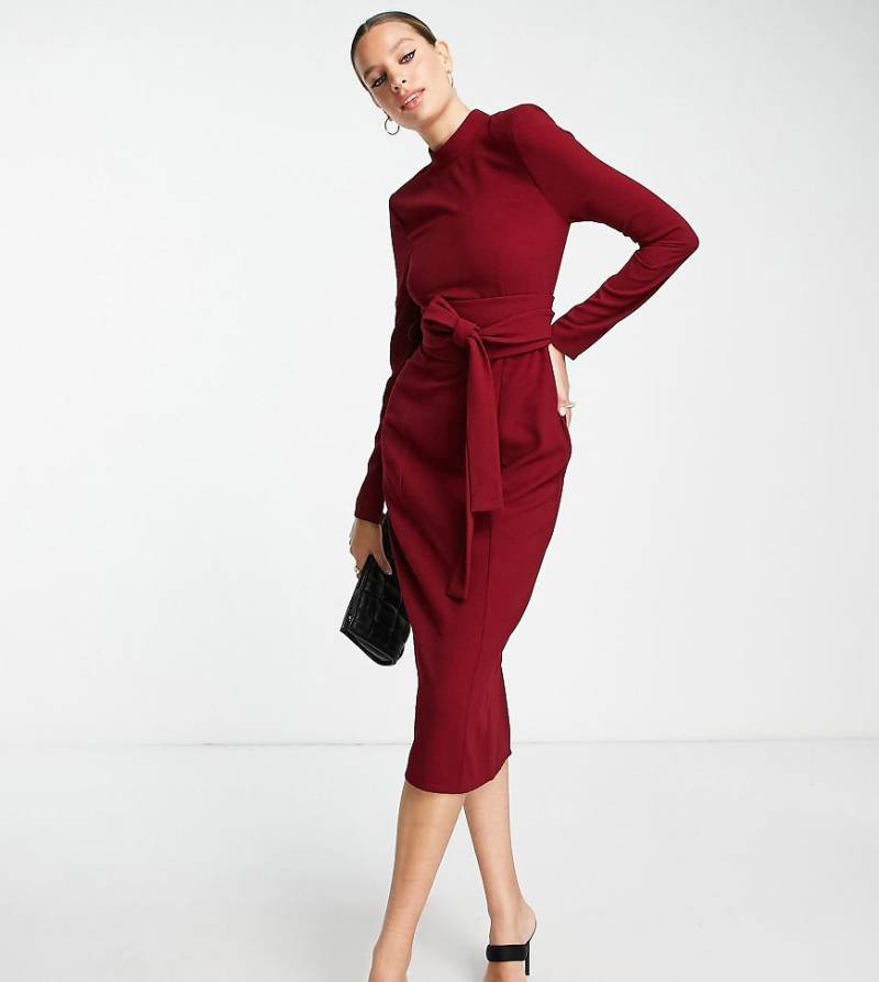 ASOS DESIGN Tall - Langärmliges Midikleid mit Obi-Gürtel in Rot von ASOS Tall