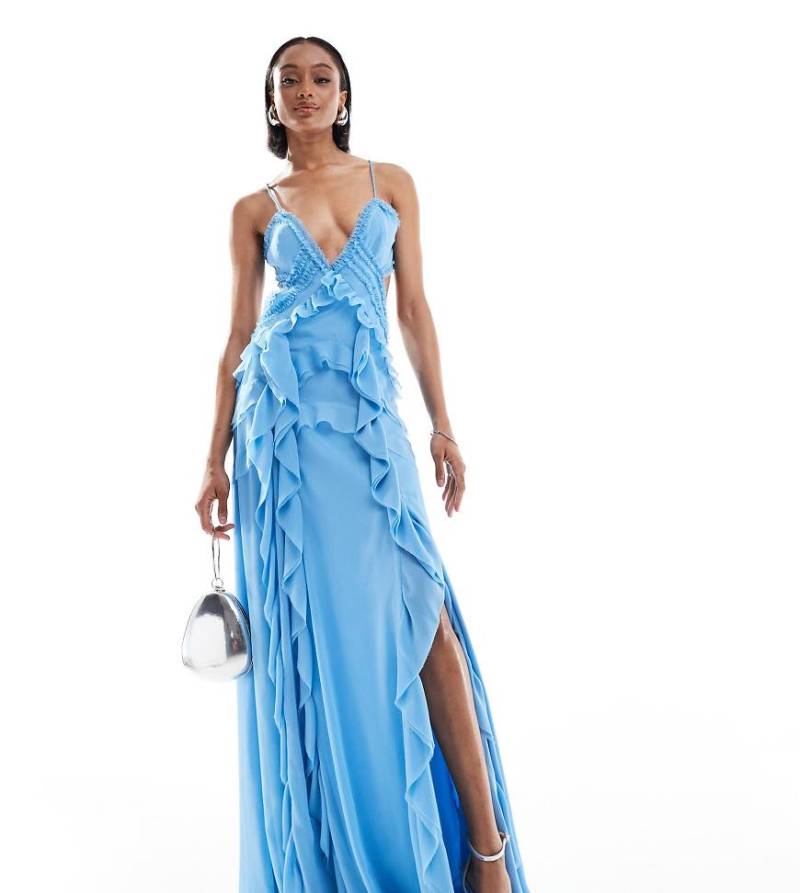 ASOS DESIGN Tall - Maxi-Trägerkleid in Blau mit Rüschen und Cut-Out von ASOS Tall
