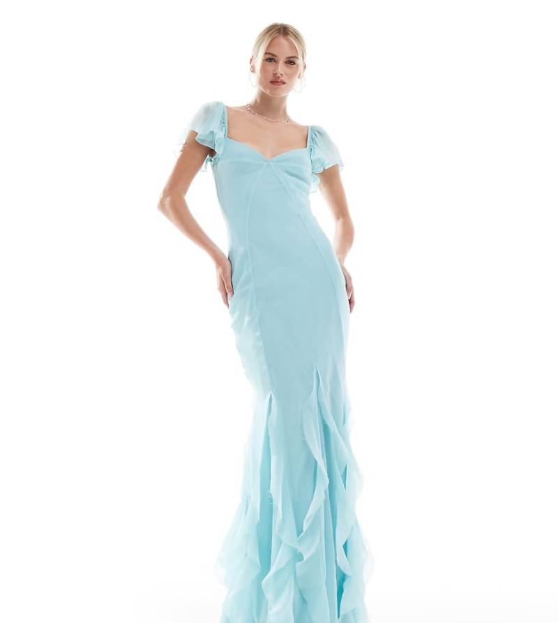 ASOS DESIGN Tall - Maxikleid in Blau mit Flatterärmeln und gerüschten Godet-Details von ASOS Tall