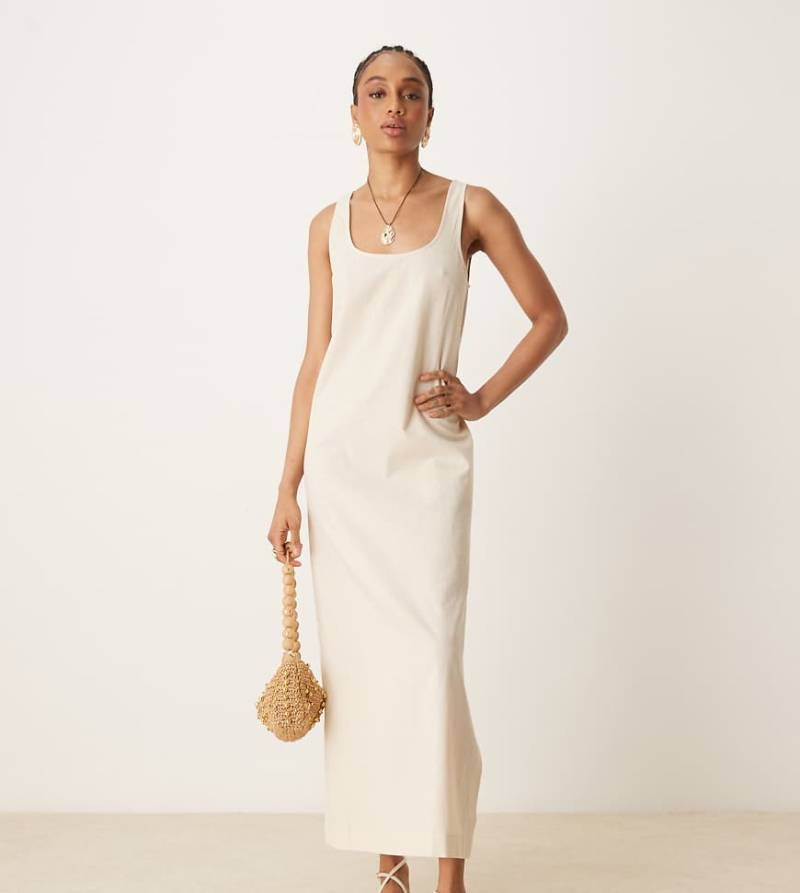 ASOS DESIGN Tall - Midikleid aus Baumwollleinen in Hellbeige mit U-Ausschnitt-Neutral von ASOS Tall