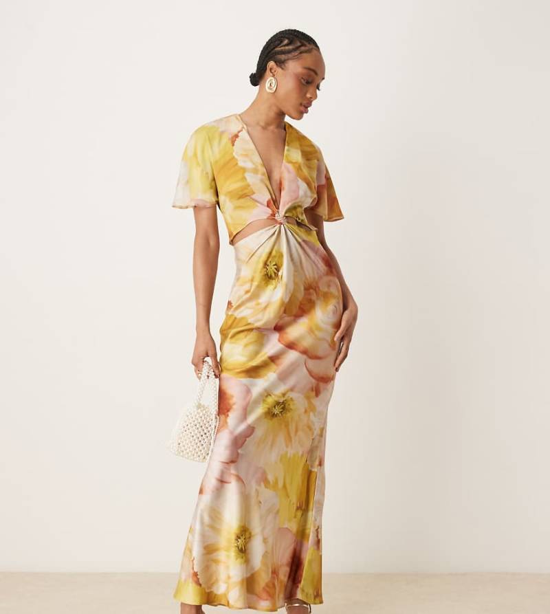 ASOS DESIGN Tall - Midikleid aus Satin in Goldgelb geblümt mit Cut-out und Knotendetail-Bunt von ASOS Tall