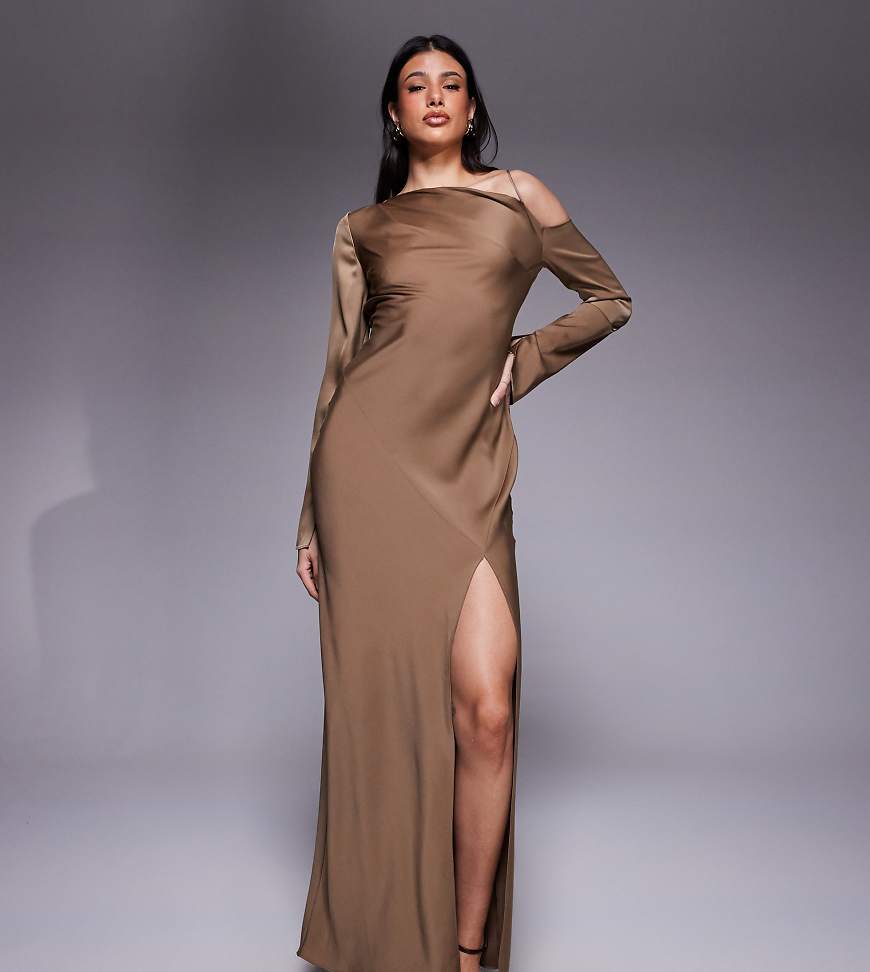 ASOS DESIGN Tall - Midikleid in Braun mit asymmetrischem Ausschnitt und Bindeband am Rücken-Brown von ASOS Tall